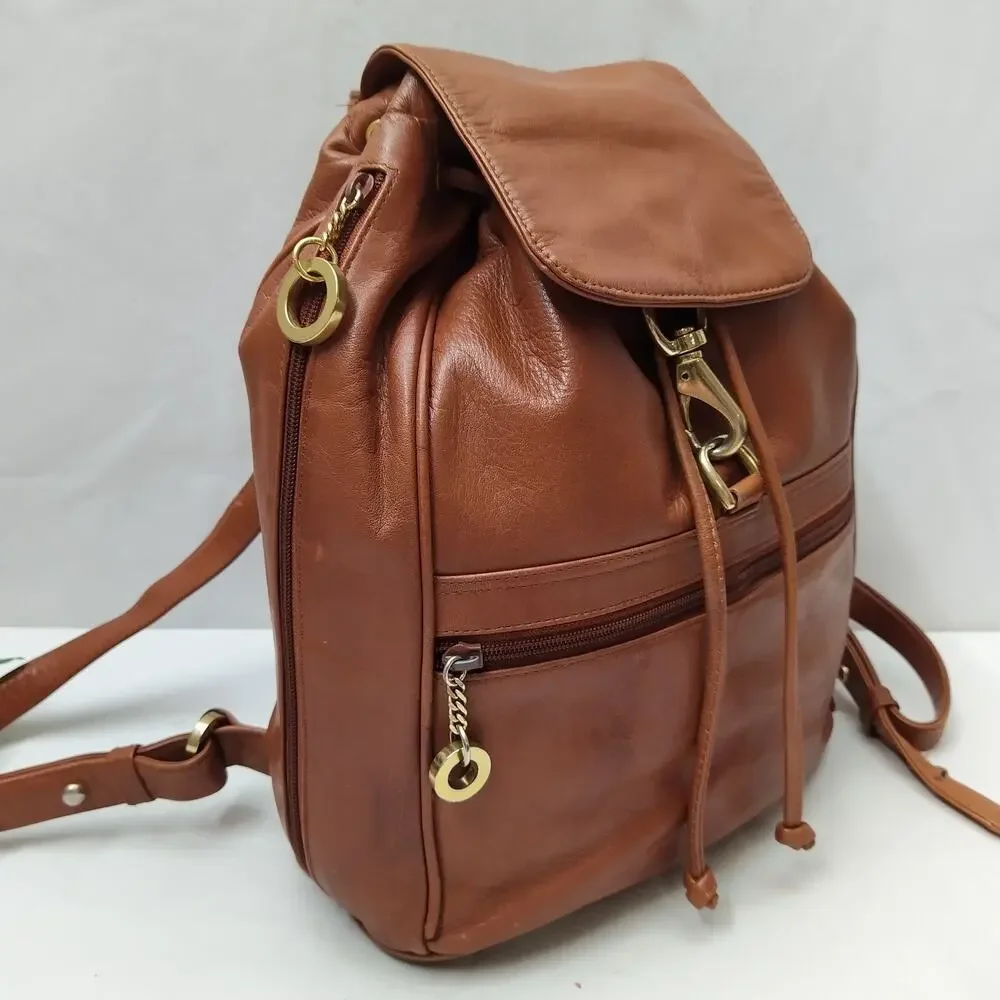 Perlina Brown Leather Zipper Pockets Flap Top Handle Drawstring Backpack